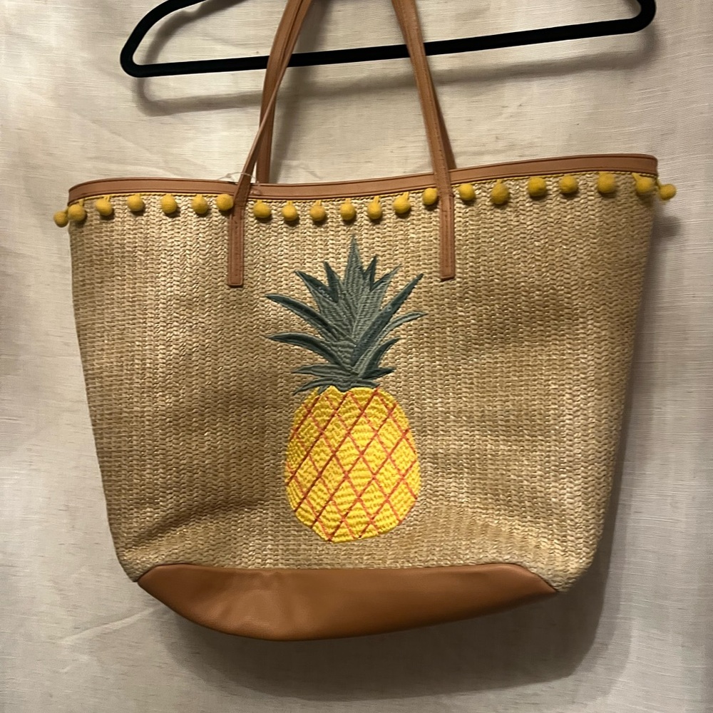Pineapple Embroidered Straw Tote - Brown and Yellow vintage Payless shoes